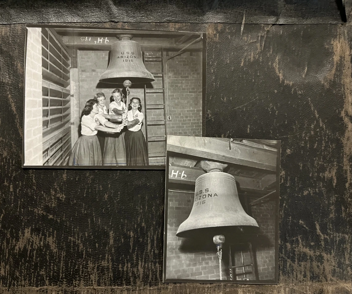 Images of the USS Arizona battleship bell in the University of Arizona Student Union bell tower: in one image, four smiling young women ring the bell in the bell tower. The second image depicts the bell on its own.