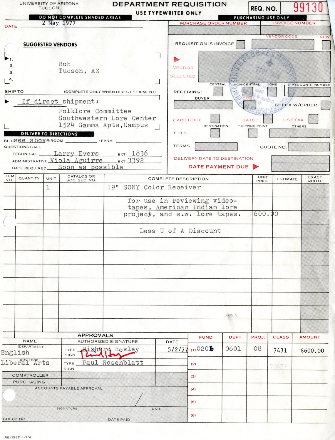 Requisition for a 19" Sony Color receiver