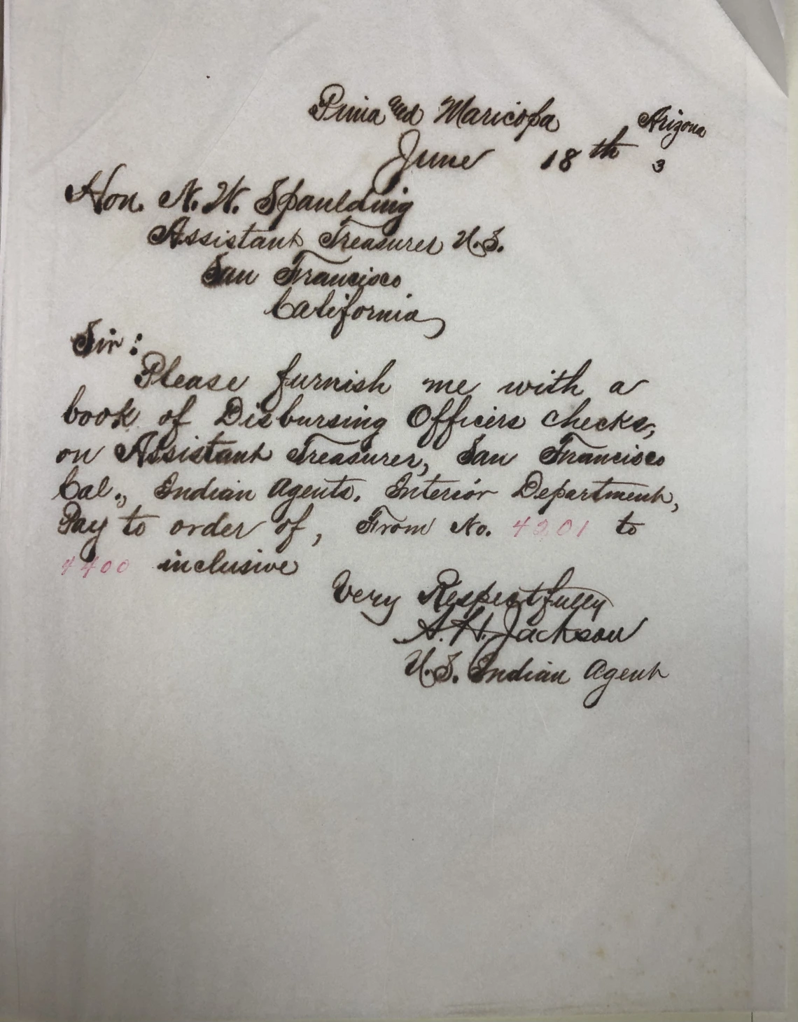 Letter from the Office of Indian Affairs by A. H. Jackson