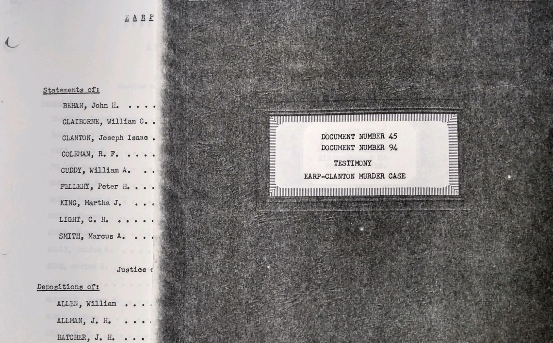Pages from the testimony given regarding the OK Corral Shootout. Black and white photocopied pages from the testimony given regarding the OK Corral Shootout.