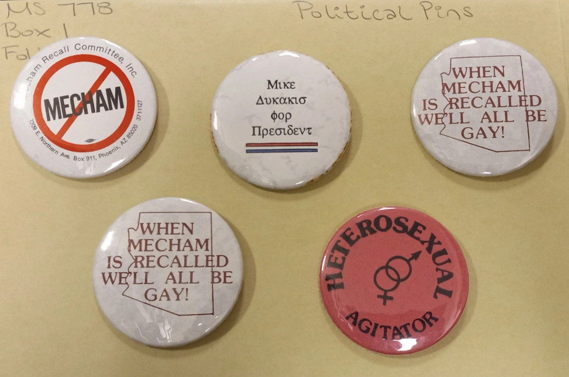 Five political buttons for the campaign to recall Governor Mecham