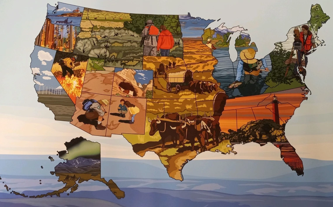 75th Anniversary of Public Lands Bureau of Land Management Poster 75th Anniversary of Public Lands Bureau of Land Management US map color poster