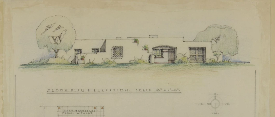 Josias T. Joesler, Residential floor plan and elevation Color rendering of a residential floor plan and elevation for a two-bedroom, two-bath revival style residence.