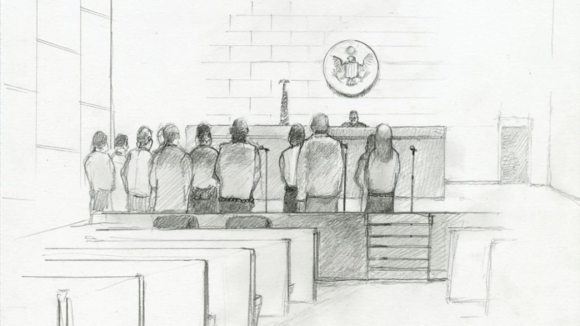 Court proceeding, sketch by Lawrence Gipe