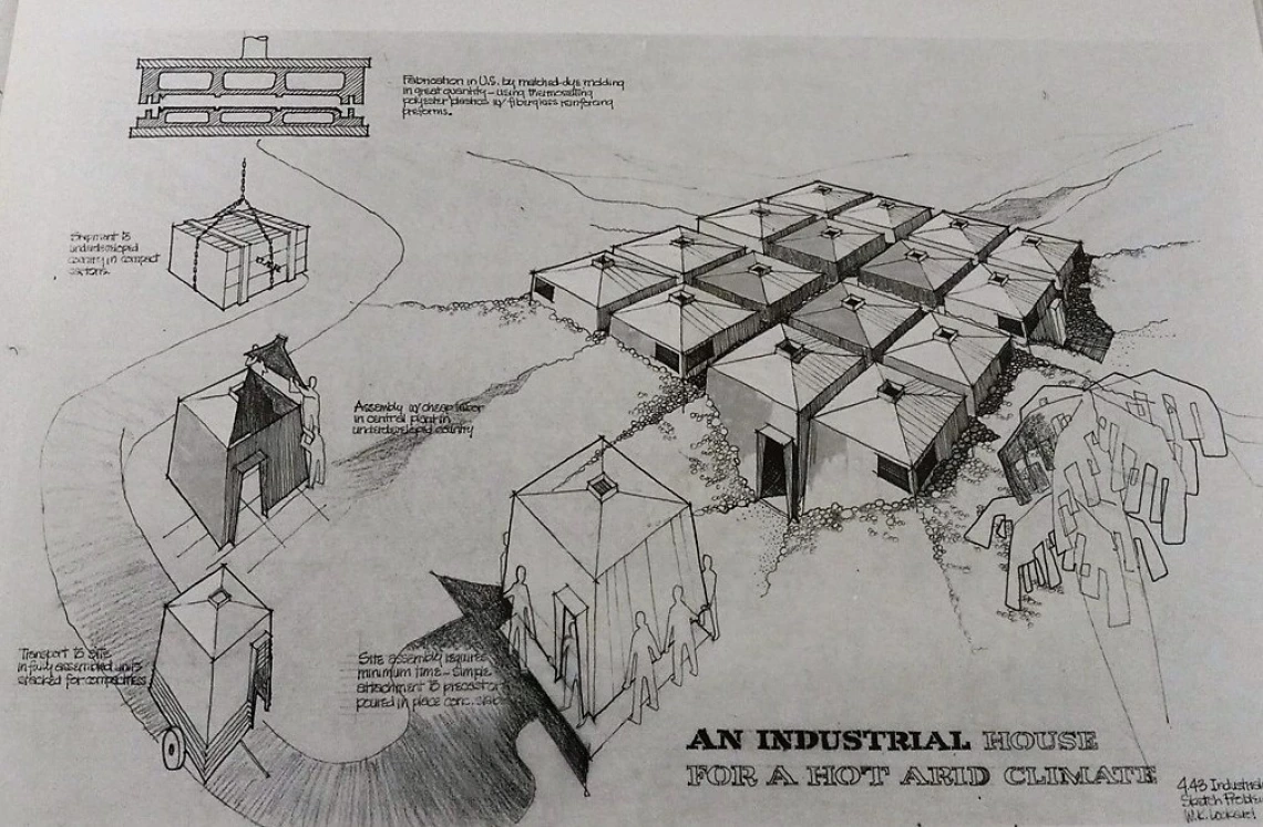 A black and white architectural drawing labeled "an industrial house for a hot and arid climate" designed by William Lockard Kirby