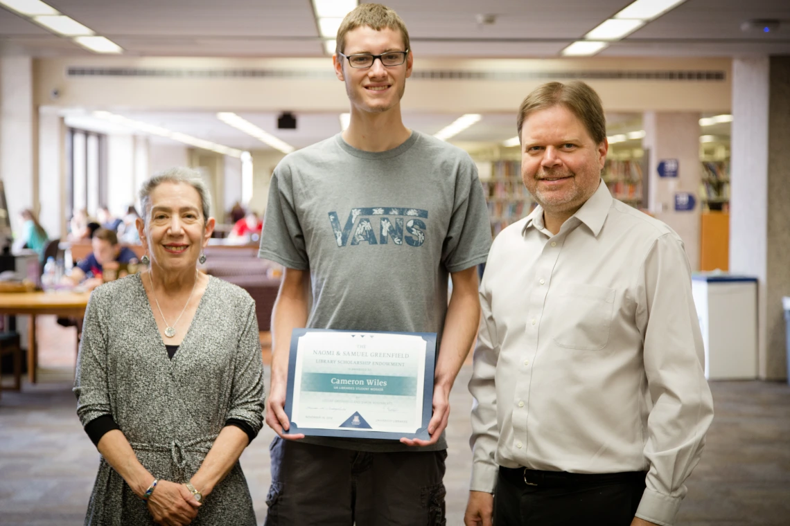 Donor Louise Greenfield, student Cameron Wiles, Vice Dean Shan Sutton