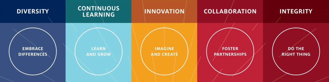 Graphic showing five values: diversity, continuous learning, innovation, collaboration, integrity