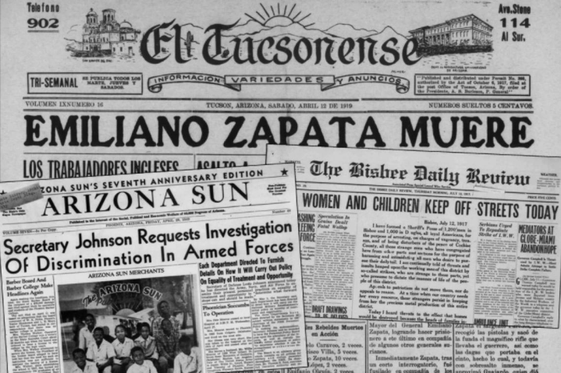 newspaper banners from El Tucsonense, Arizona Sun, and The Bisbee Daily Review