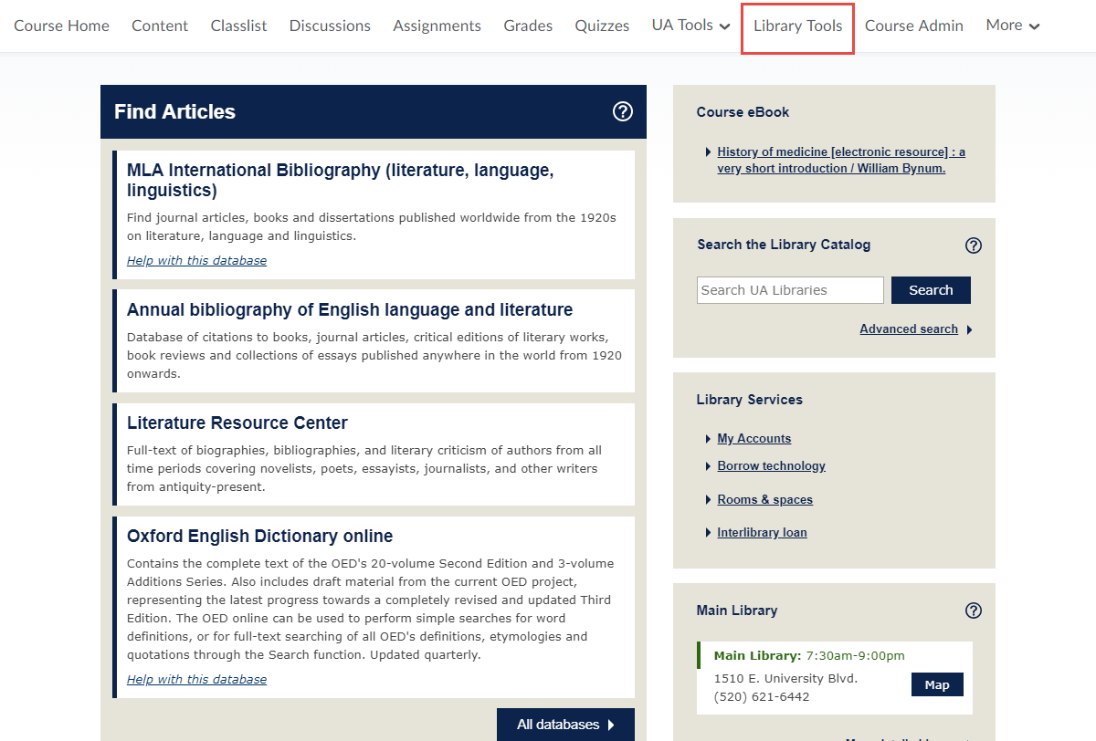 A screenshot of a D2L Brightspace course site. The screenshot shows a menu with the item "Library Tools" highlighted by a red circle in the top right corner.