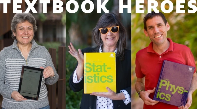 3 faculty members holding textbooks.