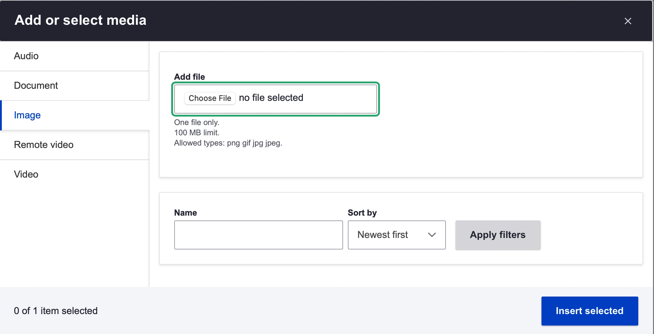 a screenshot of the drupal add media menu, where the imge sidebar option is selected and the choose file option on the main page is highlighted