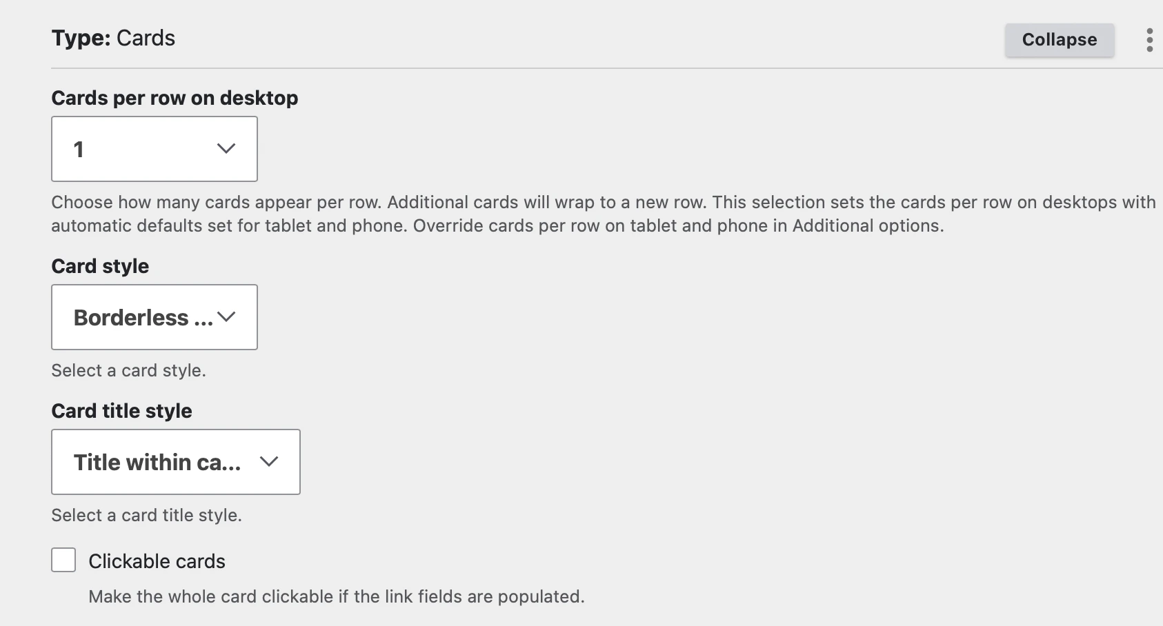 screenshot of card editing settings