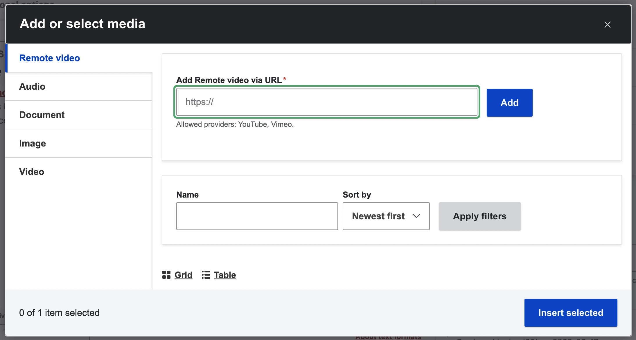 a screenshot of the drupal add media menu, where the "remote video" sidebar option is selected and the "Add Remote video via URL" option on the main page is highlighted