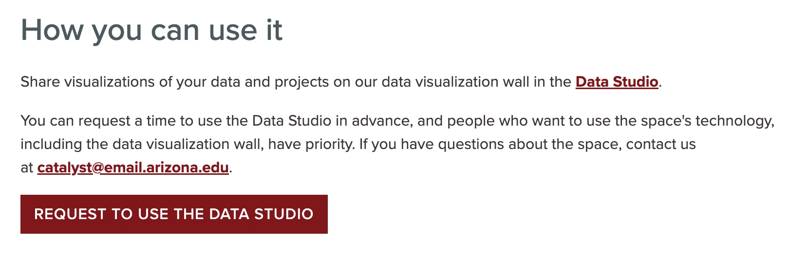 Screenshot of how to use the data studio website page