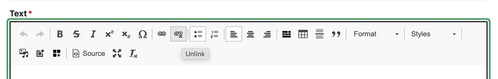 A screenshot of the text editor that shows the unlink icon.