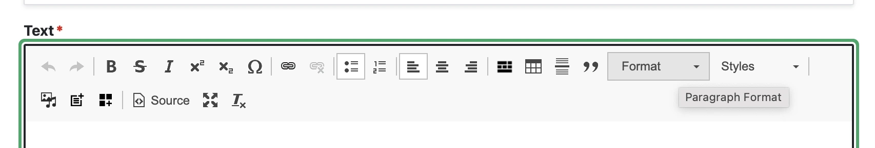 A screenshot of the drupal editing bar, where the cursor is hovered over the "format" dropdown