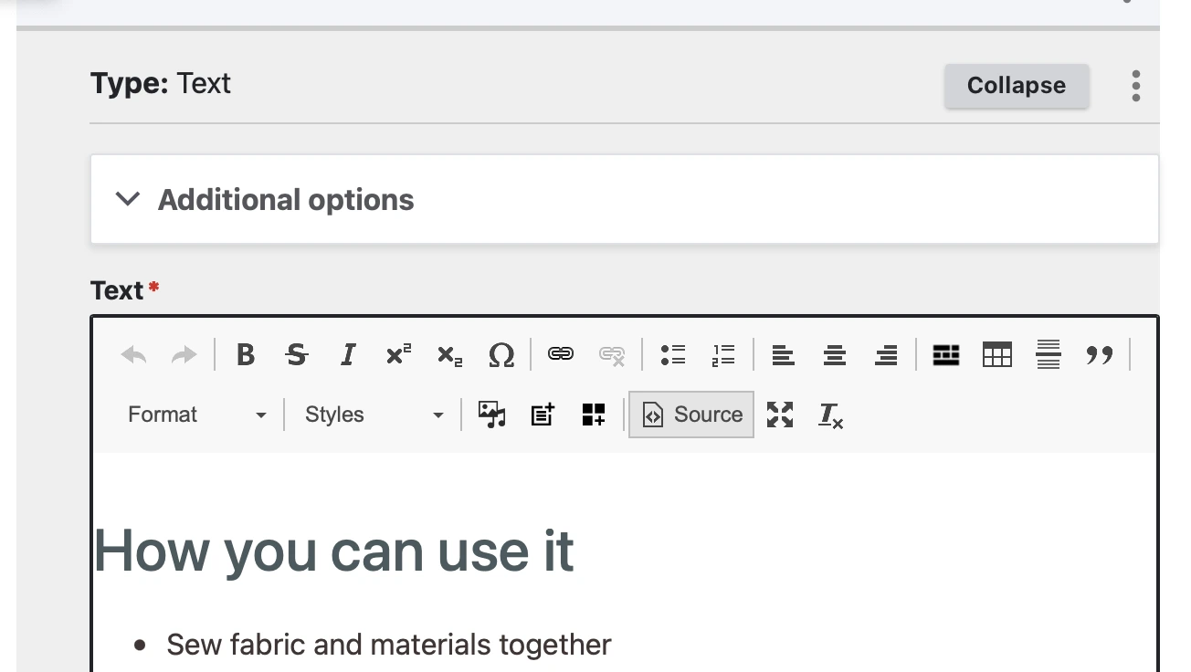 screenshot of text editor with source button indicated