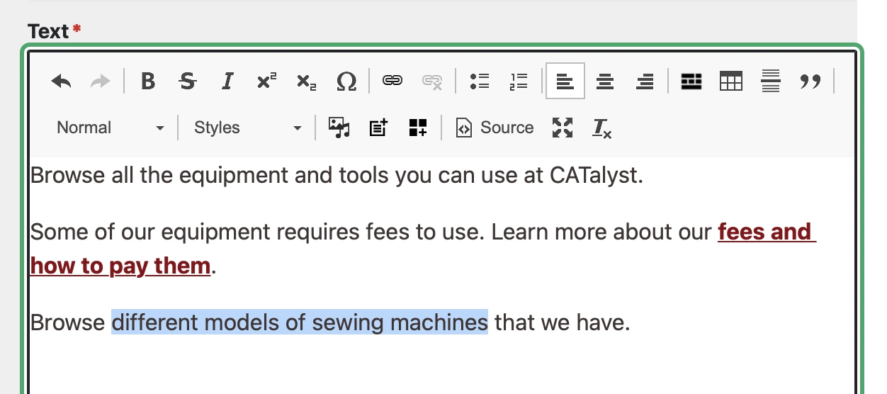 screenshot of text editor with text "different models of sewing machines" highlighted