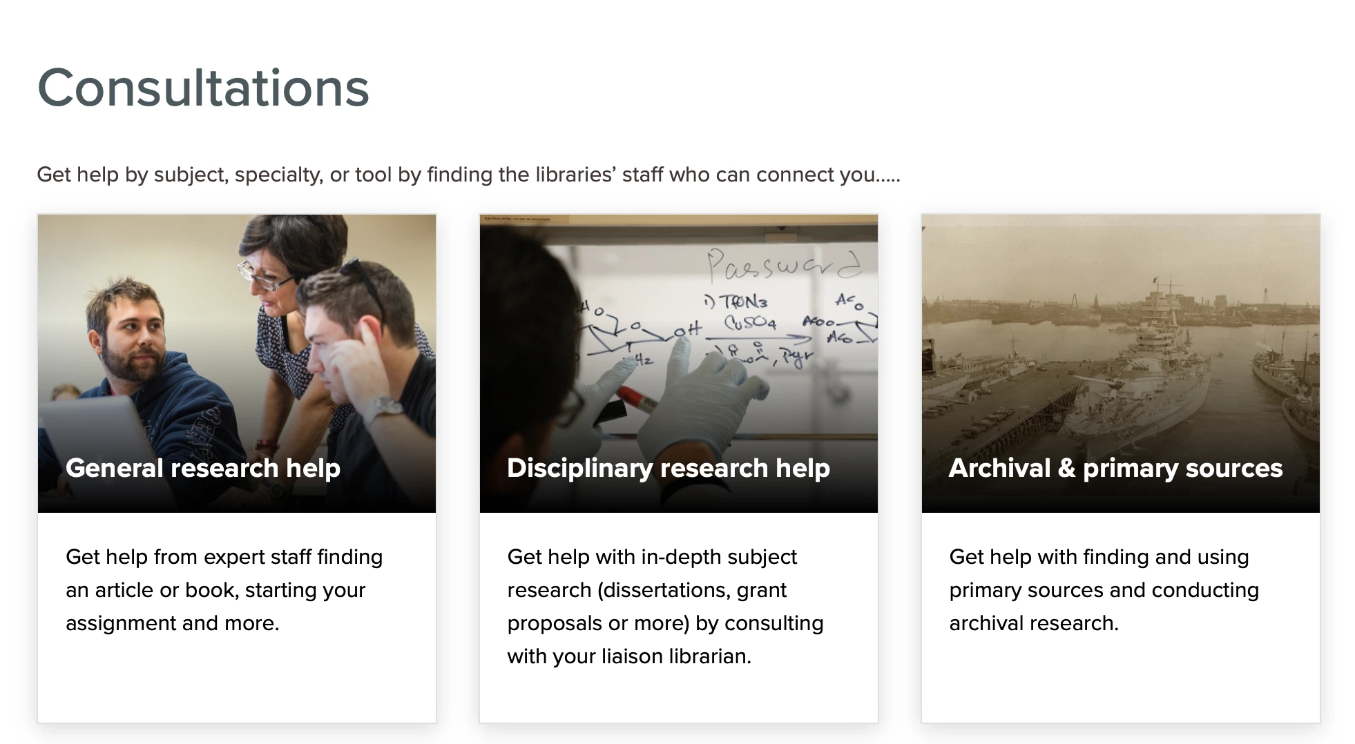 An example page with cards. The cards link out to different consultation services the library provides.  