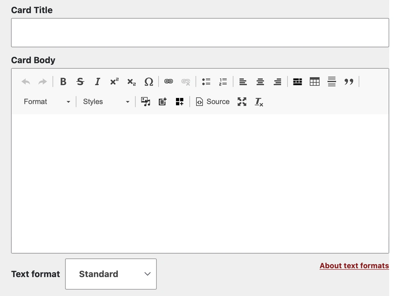 screenshot of card text editor with the title and body sections