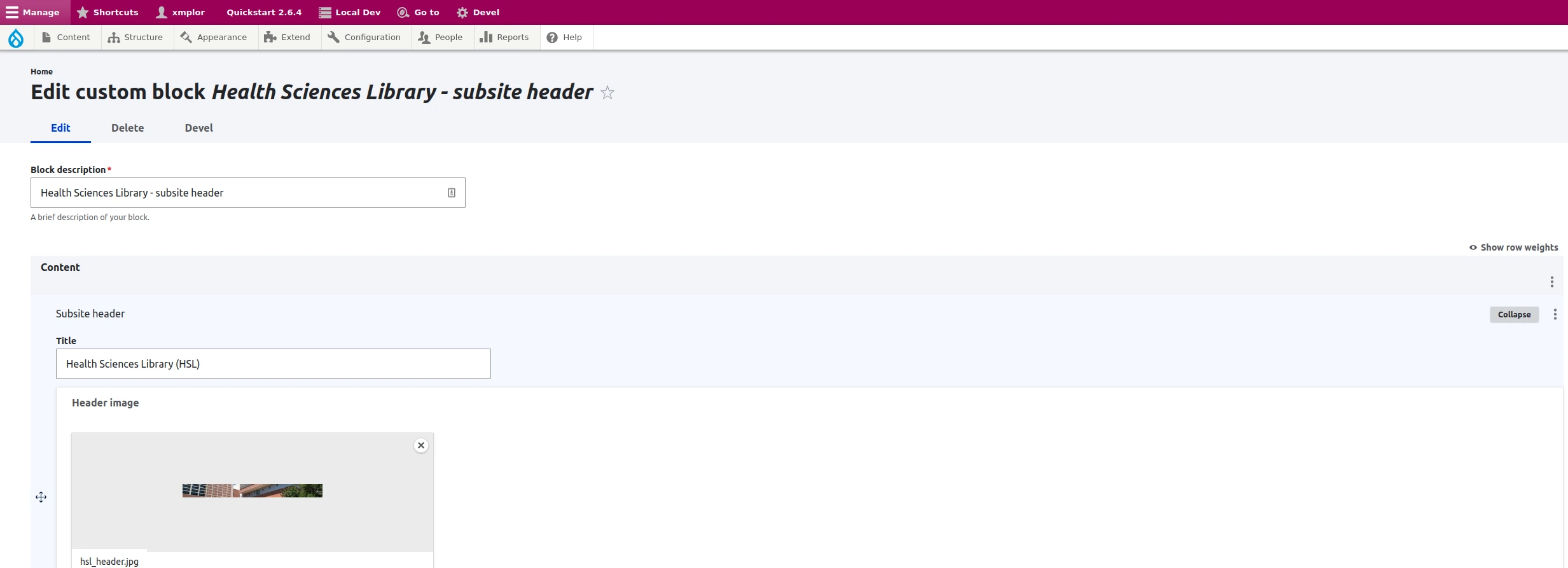 screenshot of editing a custom block which is the hsl subsite header 