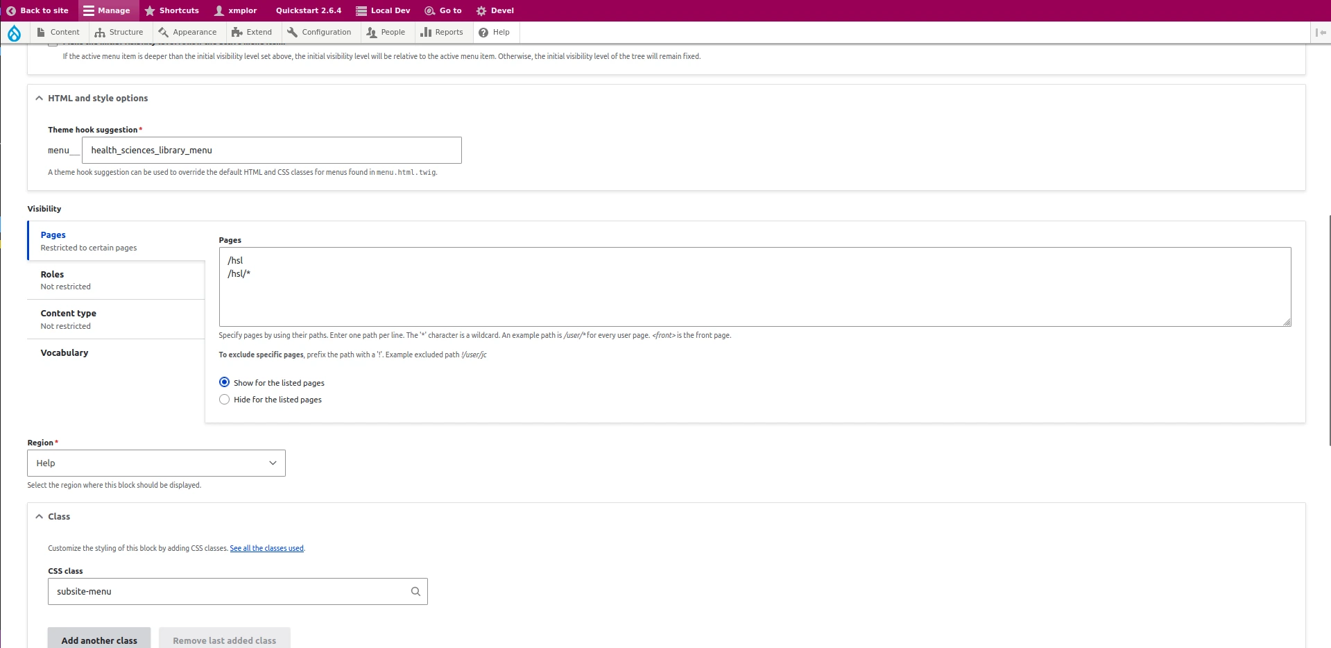 screenshot of block editor showing where to add "theme hook suggestion"