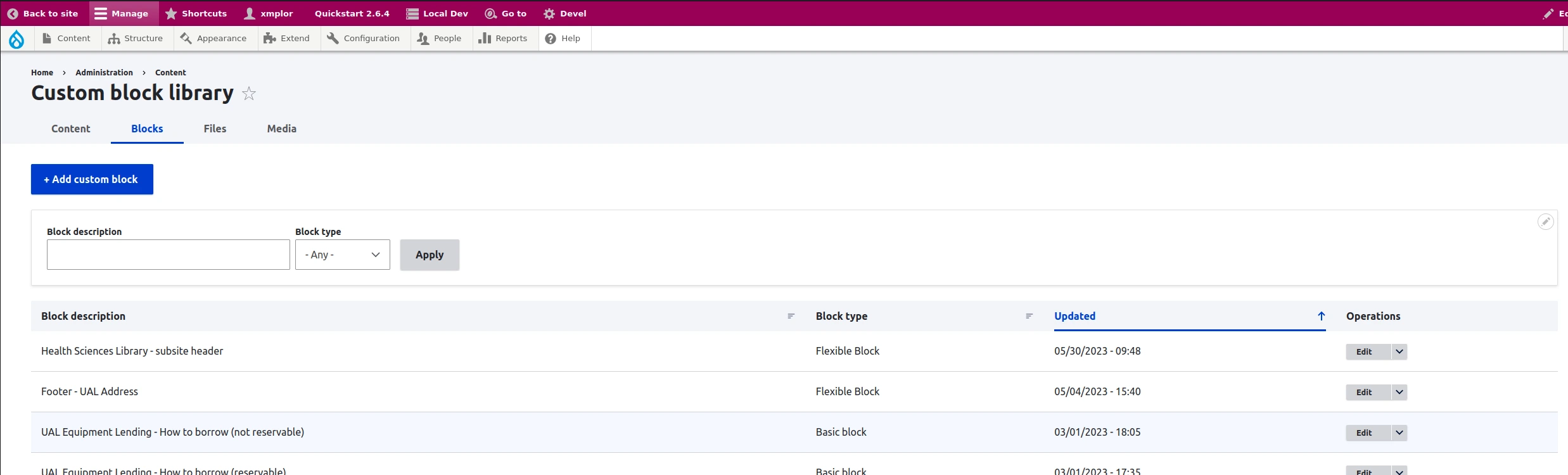 screenshot of custom block library