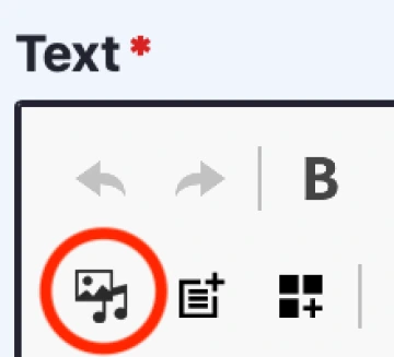 a screenshot of the Drupal editing bar with a red circle around an icon representing the add media button. the add media button has an image icon and a music note icon. the red circle indicates that this icon should be clicked.