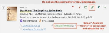 Screenshot of "Star Wars: The Empirics Strike Back" article showing to select "Available Online" to obtain the proper link. It also shows not to click on the permalink icon, as this is not a link that will work in D2L Brightspace.