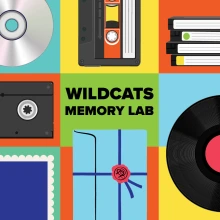 Collage illustration of a CD, VHS, cassette tape, vinyl record, books, and text reading "Wildcats Memory Lab"