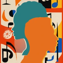 face silouettes against background with musical notes, food icons