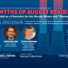 blue graphic with three photos of panel speakers and event details