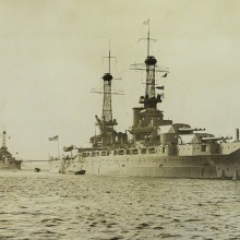Sepia toned photo of the USS Arizona at Sea with Unidentified Ships in Background, circa 1927