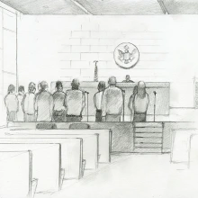 Sketch by Lawrence Gipe of a Court Proceeding