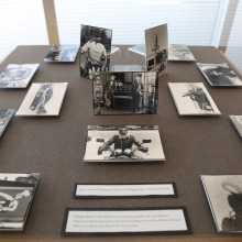 black and white photos in a display case