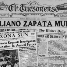 newspaper banners from El Tucsonense, Arizona Sun, and The Bisbee Daily Review
