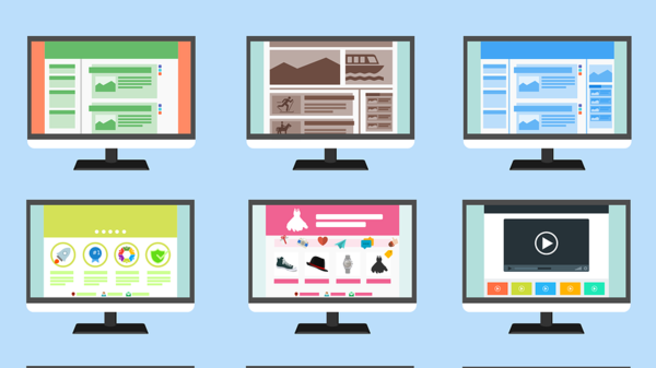 cartoon graphic of nine monitors with different websites