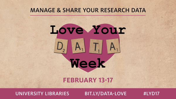 Manage & share your research data. Love your DATA week, February 13-17. Bit.ly/data-love or #lyd17