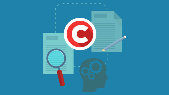 Copyright symbol, magnifying glass, documents, head with gears