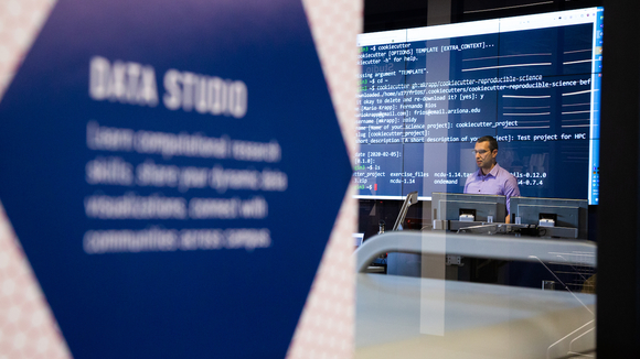Fernando standing in front of the Data Studio screen