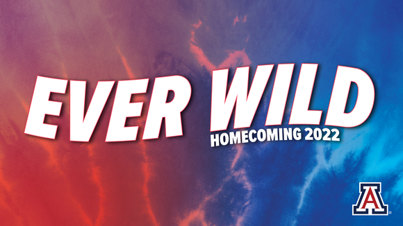 "Ever Wild Homecoming 2022" in white letters on red and blue tie-dye background