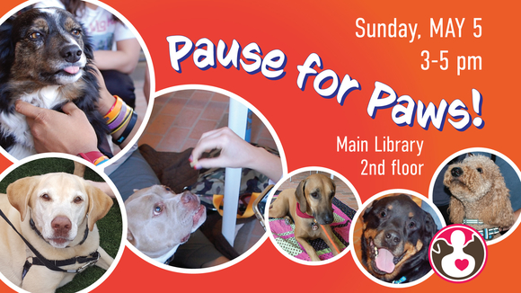 photos of 6 dogs on an orange background with Pause for Paws! in white text