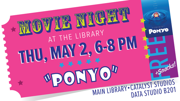 bright pink movie ticket with text reading Movie Night at the library