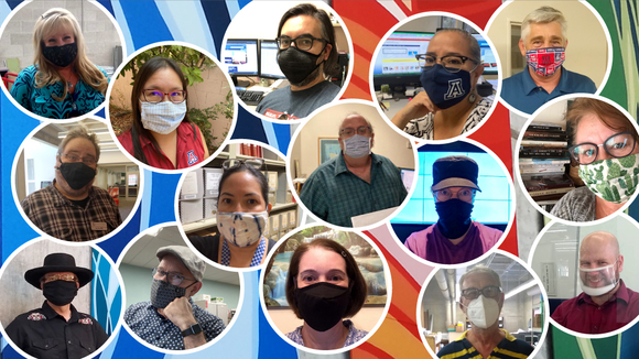 collage of photos of staff wearing face coverings