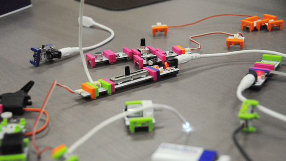 Close up shot of circuit boards and wires from a littleBits Kit