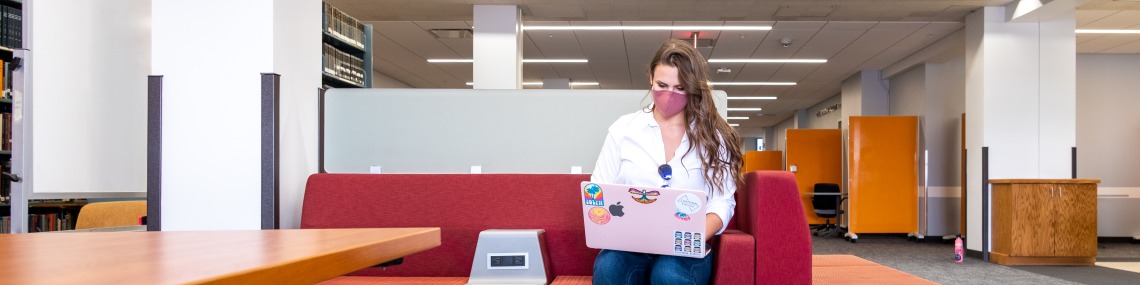 student using a laptop on a couch