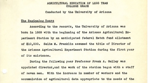 First Page of Agricultural Education of Less Than College Grad Conducted by the University of Arizona, 1940