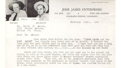 Letter to Ramon F. Adams from Jesse James Enterprises, February 23, 1962
