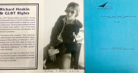 A black and white photograph of Richard Heakin, a gay man murdered in a Tucson hate crime in 1976 and a pamphlet of LGBTQ resources from the organization Wingspan.