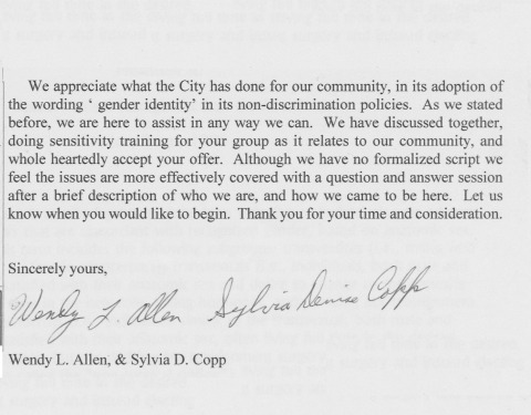 Letter to Tucson City Manager's Office Discussing "Gender Identity"